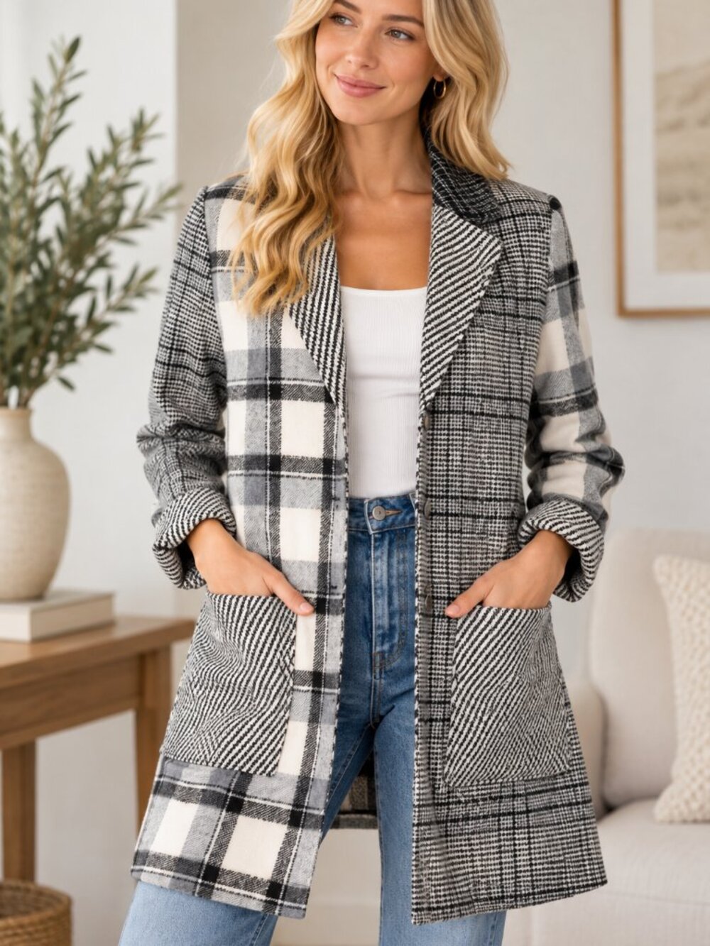 195. Patchwork Plaid Single Breasted Coat